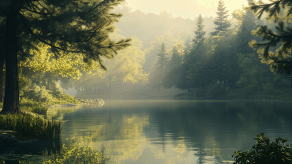 Fototapeta premium Sunrise light over mountain lake, forest shore, warm sky, mirror water, serene nature, peaceful outdoor landscape, travel destination.