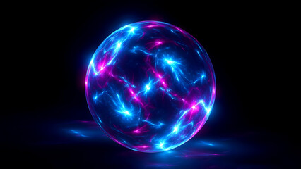 Glowing Neon 3D Sphere – Blue and Purple Digital Waves and Particles Form an Abstract Energy Orb. Futuristic Technology Concept Featuring AI, Engineering, and Scientific Innovation in a Visualization