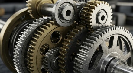 Intricate Close-up of Intermeshing Industrial Gears, Showcasing Complex Metal Machinery Components and Engineering Precision