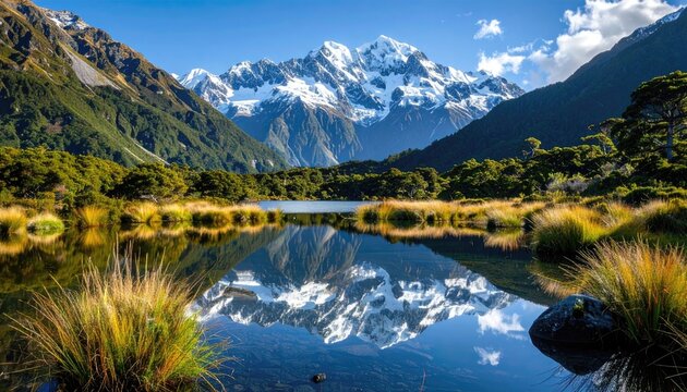 Alpine lake reflecting snow-capped peaks - Powered by Adobe