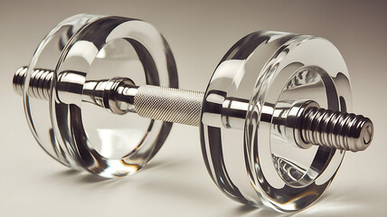 The image showcases a sleek, modern, clear glass dumbbell with transparent weights and a silver handle, enhancing its aesthetic appeal and functionality.