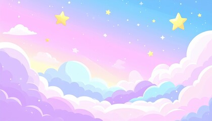 Pastel colored sky illustration showcases a whimsical dreamscape with fluffy clouds in shades of lavender, pink, and blue.