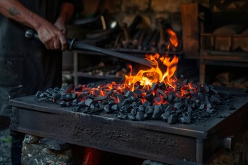 Blacksmith working metal in burning coal forge