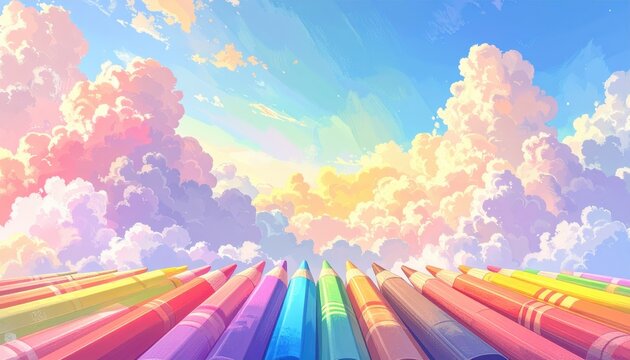 Colorful pencils are arranged in a row, pointing upwards towards a vibrant sky filled with fluffy, pastel-colored clouds, creating a whimsical and dreamy composition with a bright and cheerful...