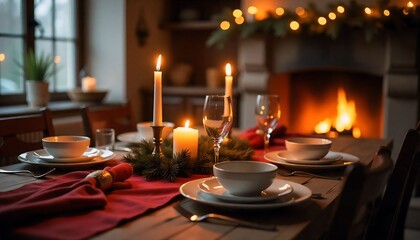 beautifully set Christmas dinner table with candles, festive dishes, and a glowing fireplace in the background.