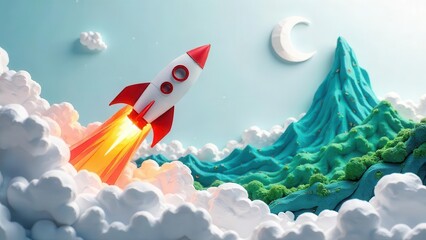 A vibrant red and white rocket ascends through fluffy white clouds, leaving a fiery trail towards a whimsical teal and green mountain range under a crescent moon.