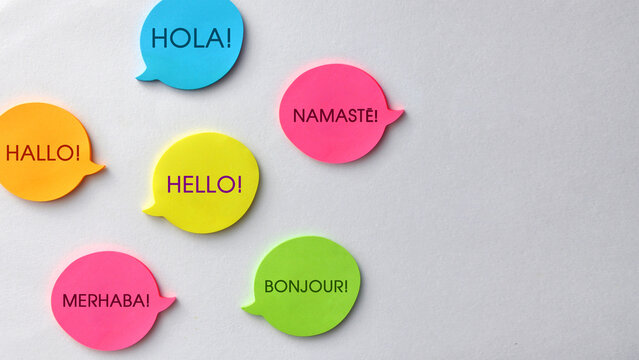 Language and Multinational Communication &ndash; Speech Bubbles with the Same Word in Different Languages, Intercultural Dialogue Concept