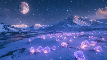 Glowing crystal field under starry night and full moon, magical purple landscape, fantasy nature, sparkling light, dreamy cosmic wonder.