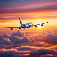 Obraz premium Airplane flying above clouds at sunset with a beautiful sky full of color and light