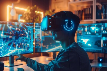 Software developer wearing virtual reality headset working with computers showing futuristic interface in neon lit office at night