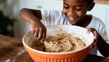 Black child stirring batter in ceramic bowl with spoon in warm afternoon light and happy, hands-on