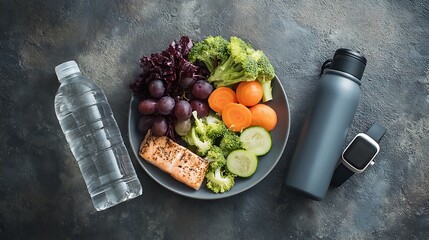 Healthy meal with salmon, vegetables, and water bottle for a balanced diet
