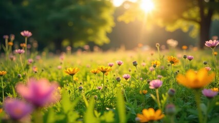 Obraz premium Golden Hour Meadow Vibrant wildflowers bathed in warm sunlight, a picturesque display of nature's beauty and tranquility.