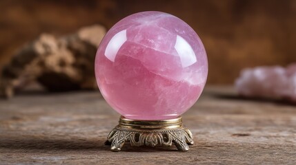 Pink quartz sphere on display stand mystical and elegant for healing-focused visuals