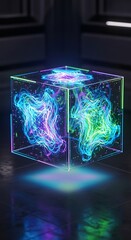 Luminous data cube with swirling particles floating, advanced technology