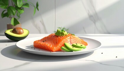 Freshly prepared salmon fillet elegantly presented on a white plate, garnished with avocado and dill, set against a bright, clean backdrop with natural light and a hint of greenery adding visual...