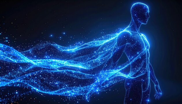 Glowing blue human form with energy flowing from body