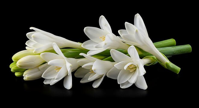 A delicate bouquet of white tuberose flowers with green stems on a black background.