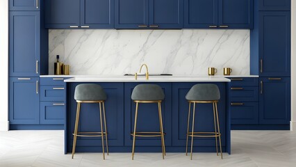 Vibrant Cobalt Blue Kitchen With Sleek Modern Bar Stools, Elegant Gold Hardware, And Luxe Marble Backsplash. Contemporary Cooking Space Blending Bold Color, Style, And Function
