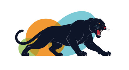 Obraz premium A striking black panther with its mouth open in a growl stands on a white background.