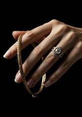 Elegant hand holding golden jewelry on black background