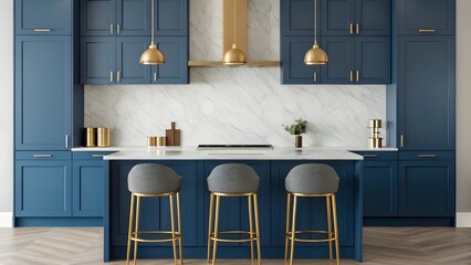 Vibrant Cobalt Blue Kitchen With Sleek Modern Bar Stools, Elegant Gold Hardware, And Luxe Marble Backsplash. Contemporary Cooking Space Blending Bold Color, Style, And Function