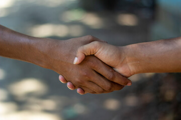 Two hands shaking in a gesture of agreement and partnership