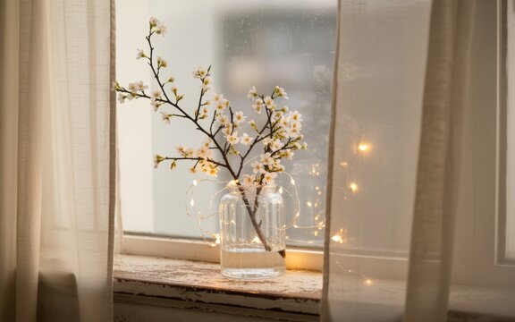 Delicate white cherry blossoms in a glass vase with fairy lights on a windowsill flower - Powered by Adobe