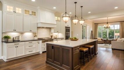 Contemporary Espresso And Cream Kitchen With Sleek Modern Island, Stylish Pendant Lights, And Warm Wood Flooring. Elegant Cooking Space Blending Rich Contrast, Function, And Comfort