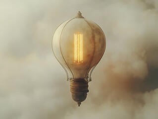 Obraz premium Steampunk-inspired lightbulb floats amidst ethereal cloudscape scenery