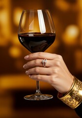 Elegant hand holding wine glass with jewelry accessories against blurred background