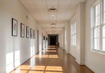 Sunlit corridor in modern building showcasing architectural design and minimalistic decoration with paintings and