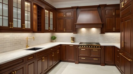 Elegant Mahogany Kitchen With Classic Cabinetry, Gleaming Quartz Counters, And Refined Brass Fixtures. Timeless Cooking Space Showcasing Warmth, Luxury, And Lasting Sophistication