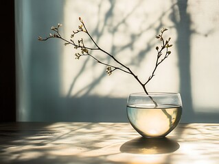 Gentle sprout in glass of water with sunlight, against a bright background