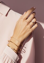 Elegant hand showcasing jewelry against a soft pink backdrop studio shot