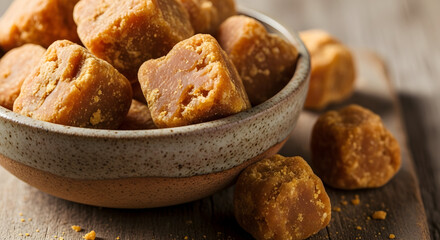 Delicious and golden brown jaggery pieces arranged in a rustic bowl on a wooden surface showcasing
