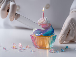 Close-up view of pastry chef's hands in white gloves cutting realistic cupcake made of colored glass with knife, glass crumbs scattering, hyperrealistic food photography