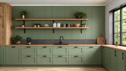 Charming Moss Green Kitchen With Natural Wood Accents, Stylish Open Shelving, And Sleek Black Fixtures. Contemporary Cooking Space Combining Warmth, Elegance, And Functionality