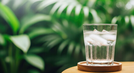 Refreshing glass of ice water on wooden table offers a moment of tranquility, embodying wellness and mindful hydration in lush tropical setting