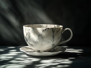 Dramatic interplay of light and shadow accentuates a marble patterned teacup