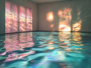 Surreal Interior with Reflective Water Surface and Ethereal Light Projections
