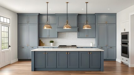 Sophisticated Slate Blue Kitchen With Minimalist Design, Warm Wood Accents, And Modern Pendant Lighting. Contemporary Cooking Space Blending Style, Function, And Comfort