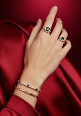 Elegant hand showcasing luxury jewelry with emerald gemstones against rich red fabric