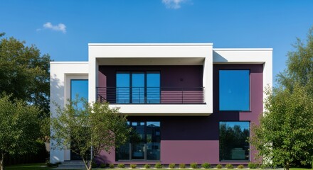 Modern two story residence featuring large blue tinted windows and a white overhang