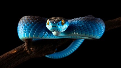Obraz premium Close up of a blue snake coiled on a branch with intense yellow eyes staring out