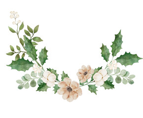 Digital watercolor corner arrangement of subtle winter flowers and foliage, ideal for minimalist stationery and adding a simple botanical accent.