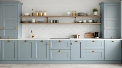 Modern Smoky Blue Kitchen With Minimalist Design, Elegant Brass Hardware, And Open Shelving. Stylish Contemporary Cooking Space Featuring Clean Lines, Functionality, And Charm