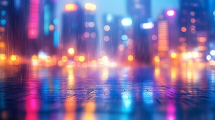 Vibrant city reflections in rainy weather create a modern abstract aesthetic