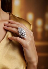 Elegant hand with a dazzling ring high fashion jewelry concept