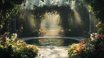 Tranquil garden vista with reflecting pool, floral archway, and sunlit steps